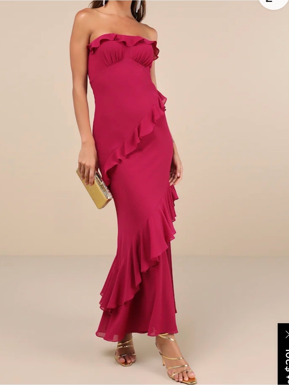 Lulu's Strapless Ruffle Column Dress in Fuchsia